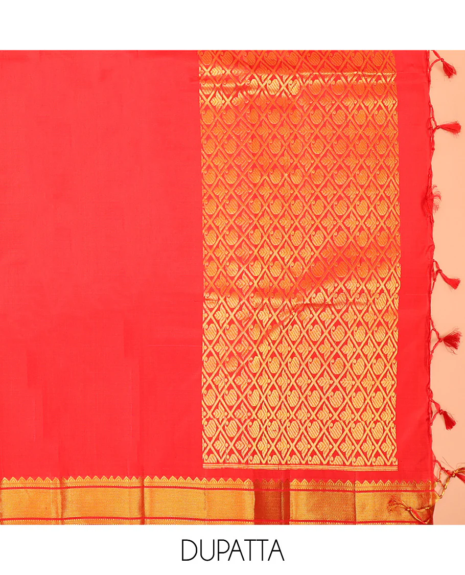 Dark Violet Pure Silk Half-Saree Beautified with Zari Buttas on Its Skirt, Complemented by a Zari Border Featuring Thilakam Mokku, Rettai Nelli, and Mayil Kann Designs, Comes with a Contrast Blouse and a Dhavani of Butta Enclosed Jaal Designs - Image 5