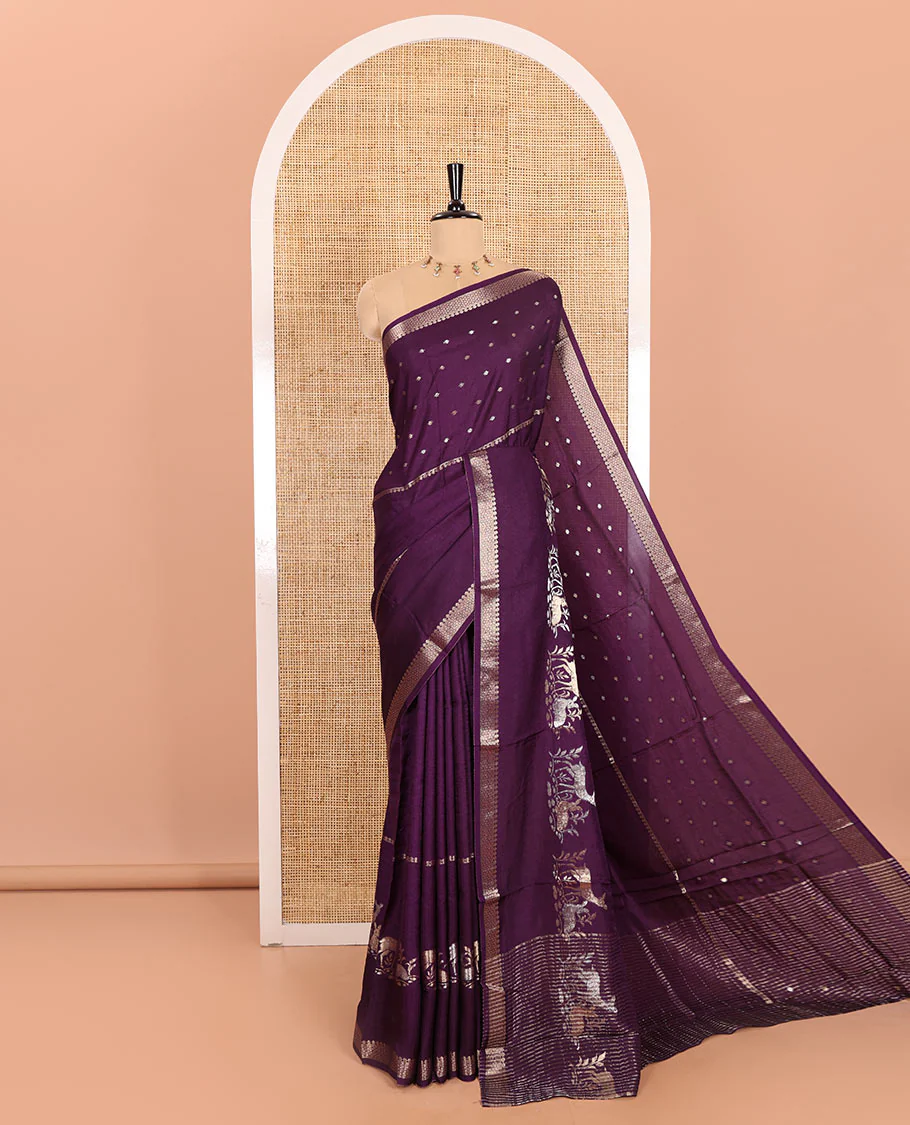 Dark Violet Russian Silk Saree Adorned with Gold Zari Buttas and Deer Motifs, Featuring a Subtly Sparkling Traditional Zari Border, a Pallu with Zari Stripes, and a Contrast Blouse Woven with Peacock Meena Buttas