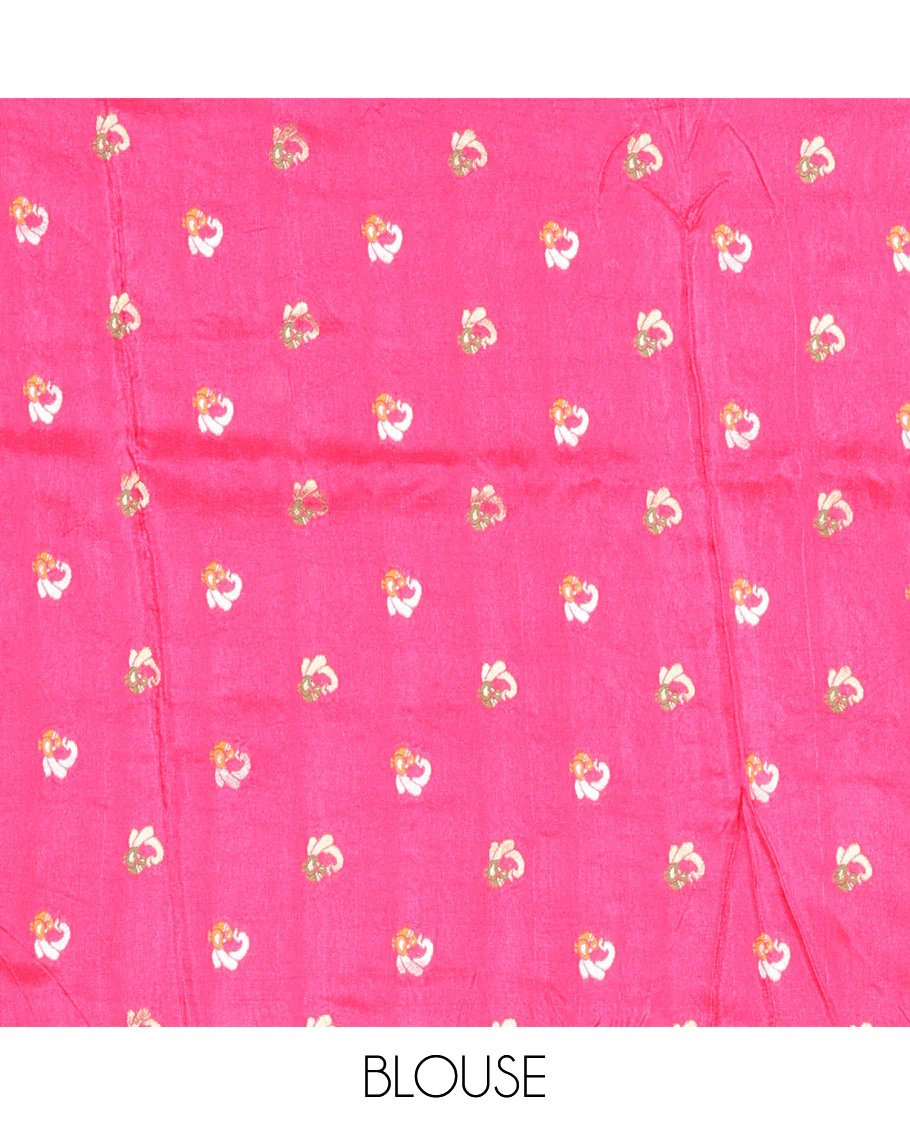 Dark Violet Russian Silk Saree Adorned with Gold Zari Buttas and Deer Motifs, Featuring a Subtly Sparkling Traditional Zari Border, a Pallu with Zari Stripes, and a Contrast Blouse Woven with Peacock Meena Buttas - Image 3