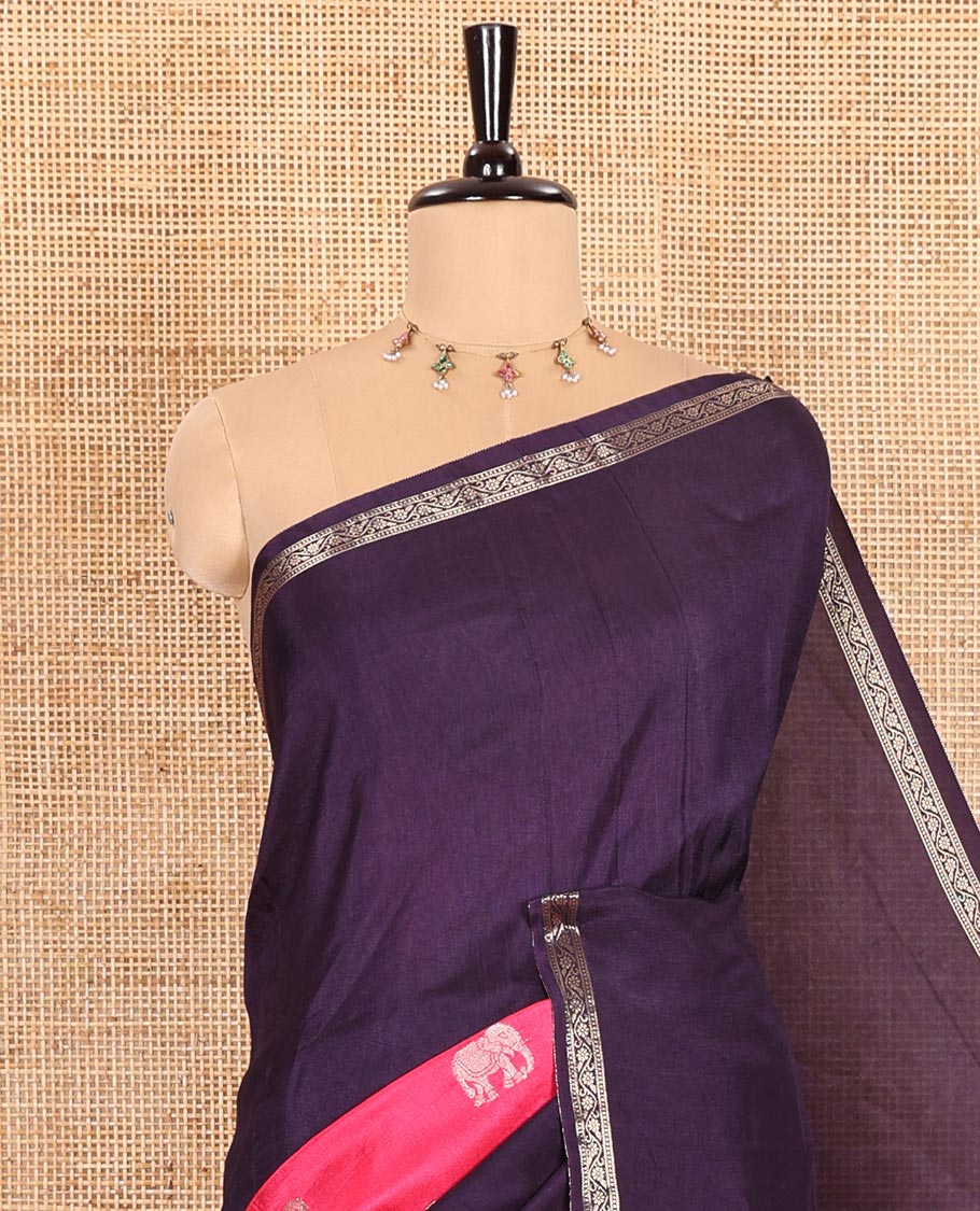 Dark Violet Russian Silk Saree Featuring Double-Sided Plain and Central Zari Elephant Motifs Weave, Accentuated by a Subtle Traditional Zari Border, Enhanced with a Zari-Designed Pallu, and Paired with a Blouse Depicting Meenakari Peacocks - Image 2