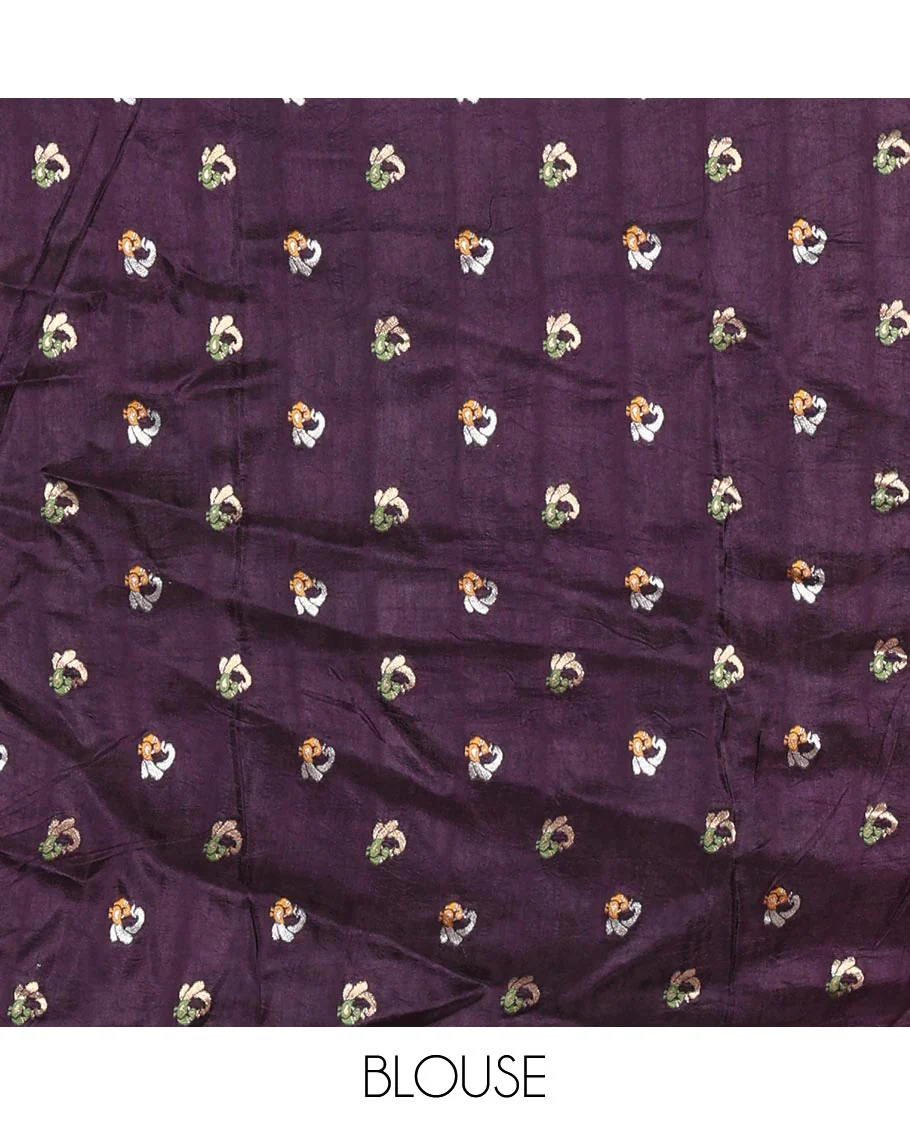 Dark Violet Russian Silk Saree Featuring Double-Sided Plain and Central Zari Elephant Motifs Weave, Accentuated by a Subtle Traditional Zari Border, Enhanced with a Zari-Designed Pallu, and Paired with a Blouse Depicting Meenakari Peacocks - Image 3