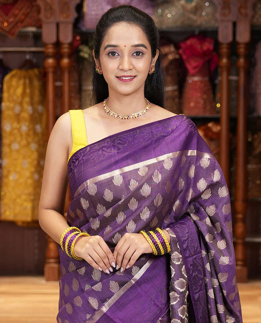 Dark Violet Semi-Tussar Saree Accentuated with Copper Zari Floral Bud Motifs, Featuring a Floral Creeper Embossed Border, Complemented by a Contrast Pallu Adorned with Floral Bud Motifs, and Paired with a Contrast Blouse - Image 2