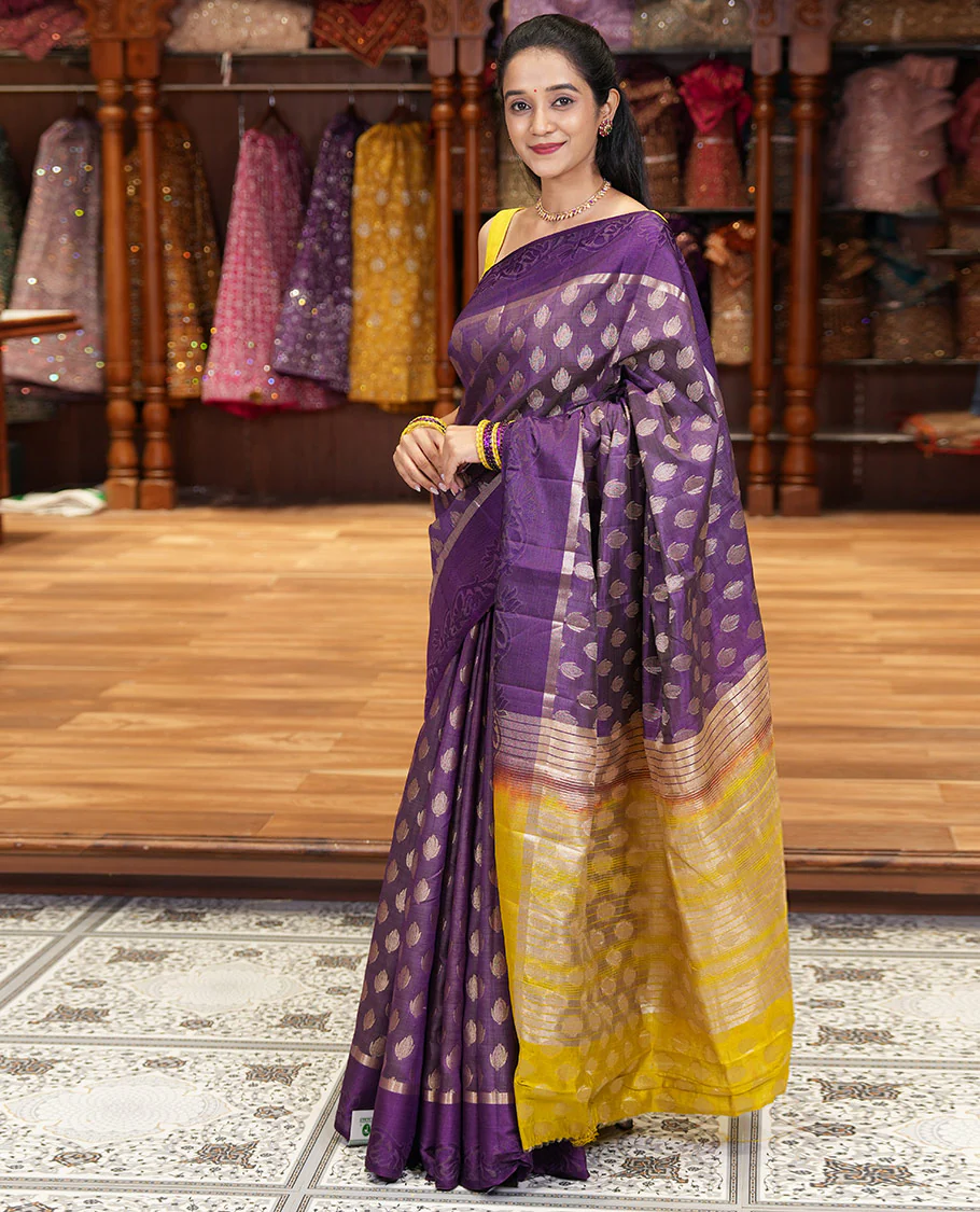 Dark Violet Semi-Tussar Saree Accentuated with Copper Zari Floral Bud Motifs, Featuring a Floral Creeper Embossed Border, Complemented by a Contrast Pallu Adorned with Floral Bud Motifs, and Paired with a Contrast Blouse - Image 3