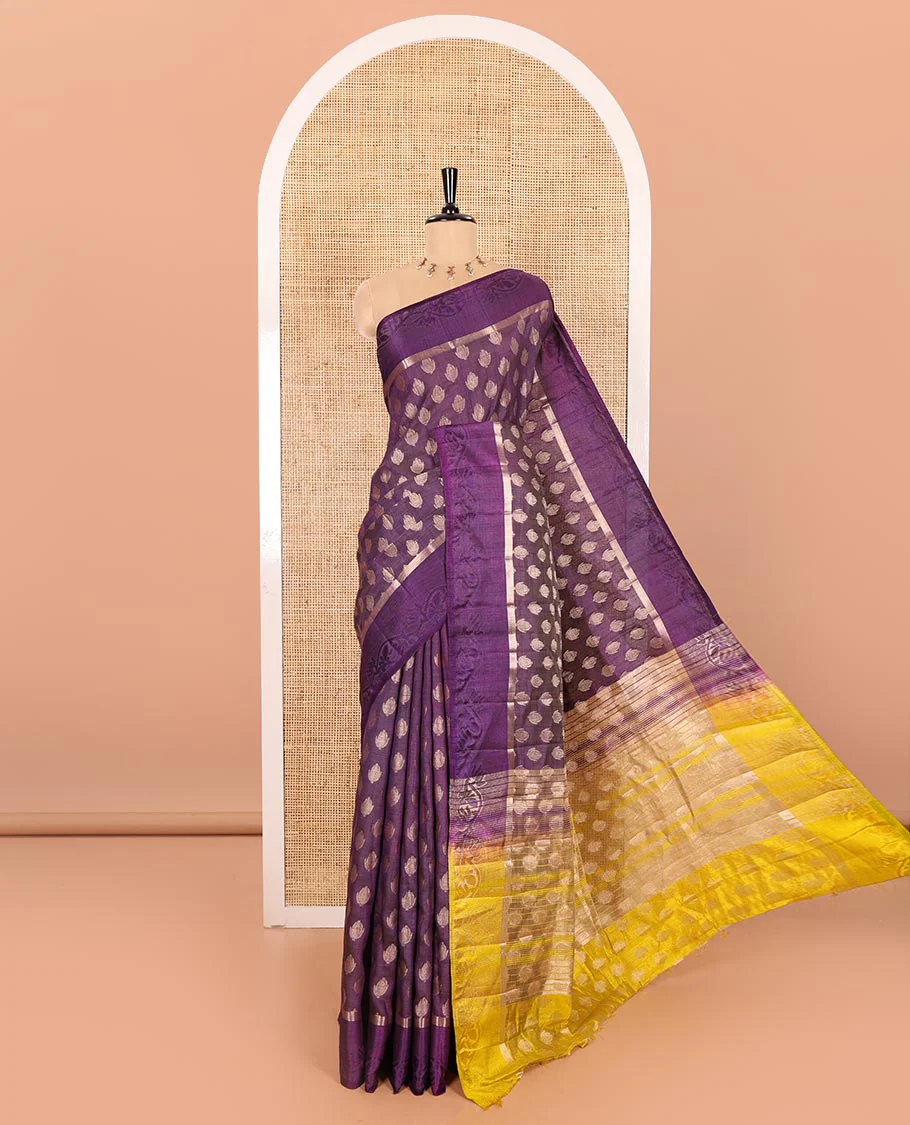 Dark Violet Semi-Tussar Saree Accentuated with Copper Zari Floral Bud Motifs, Featuring a Floral Creeper Embossed Border, Complemented by a Contrast Pallu Adorned with Floral Bud Motifs, and Paired with a Contrast Blouse - Image 4