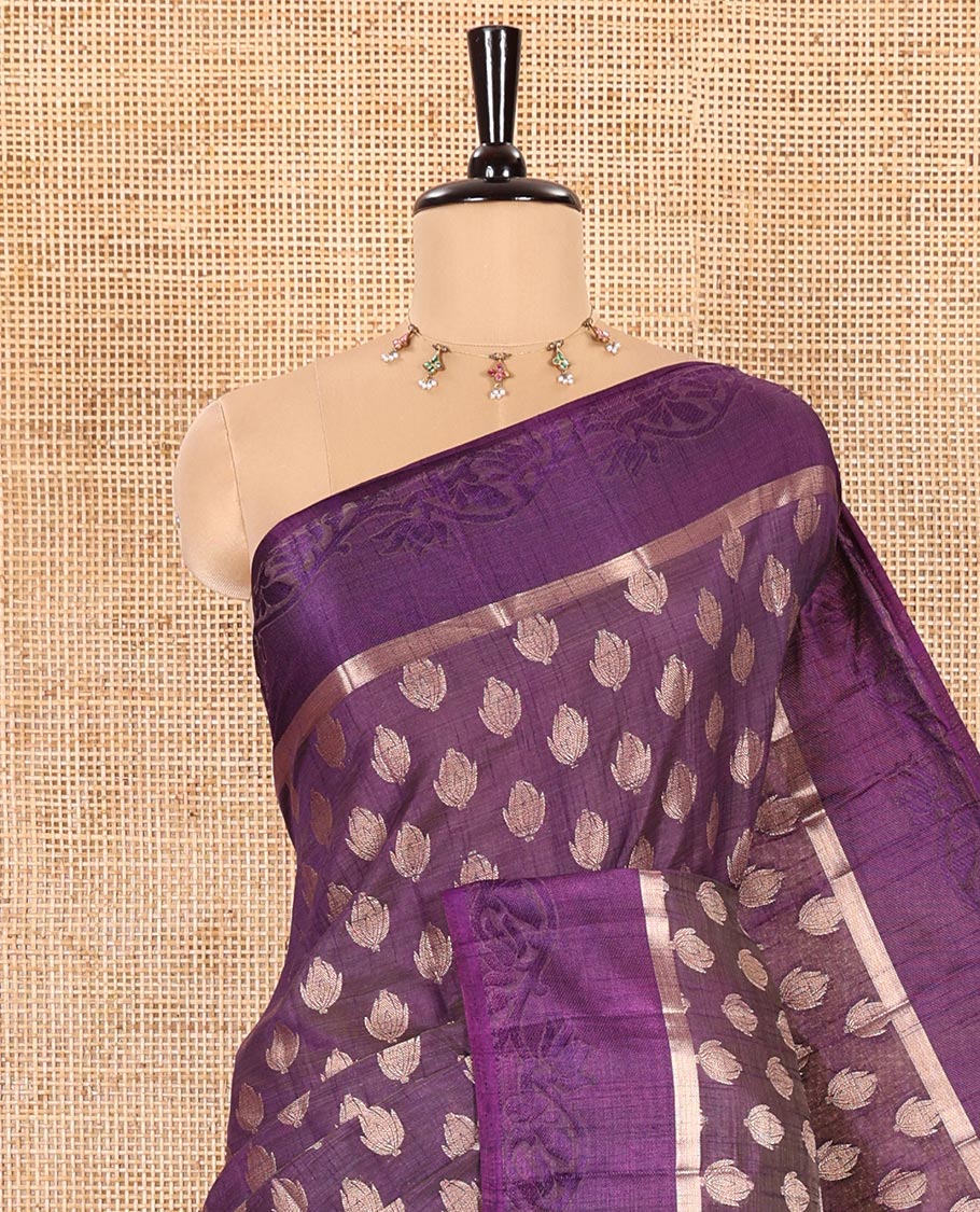 Dark Violet Semi-Tussar Saree Accentuated with Copper Zari Floral Bud Motifs, Featuring a Floral Creeper Embossed Border, Complemented by a Contrast Pallu Adorned with Floral Bud Motifs, and Paired with a Contrast Blouse - Image 5