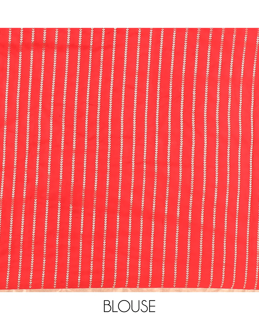 Dazzling red dobbly style dotted banarasi silk saree, piping zari border, and chevron striped pallu - Image 6