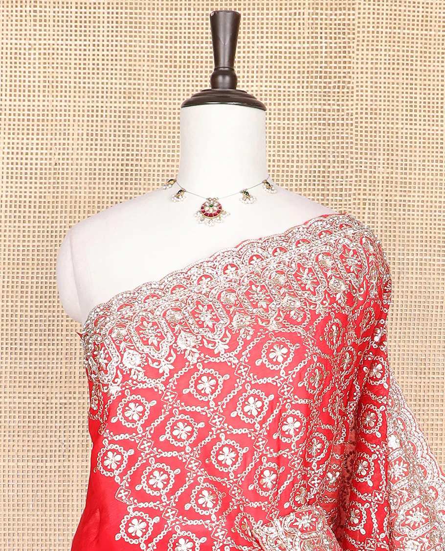 Dazzling red jaal pattern Gota patti embroidered designer saree, self-scallop Gota patti embroidered border - Image 2