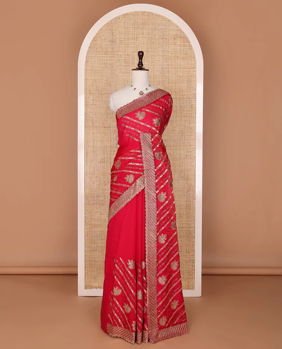 Dazzling red stone patch embroidered designer saree, self-scallop stone embroidered border - Image 2