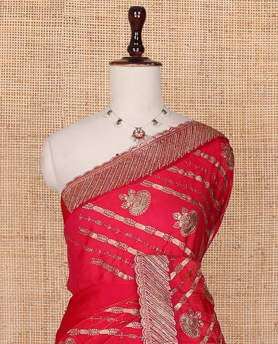 Dazzling red stone patch embroidered designer saree, self-scallop stone embroidered border - Image 3
