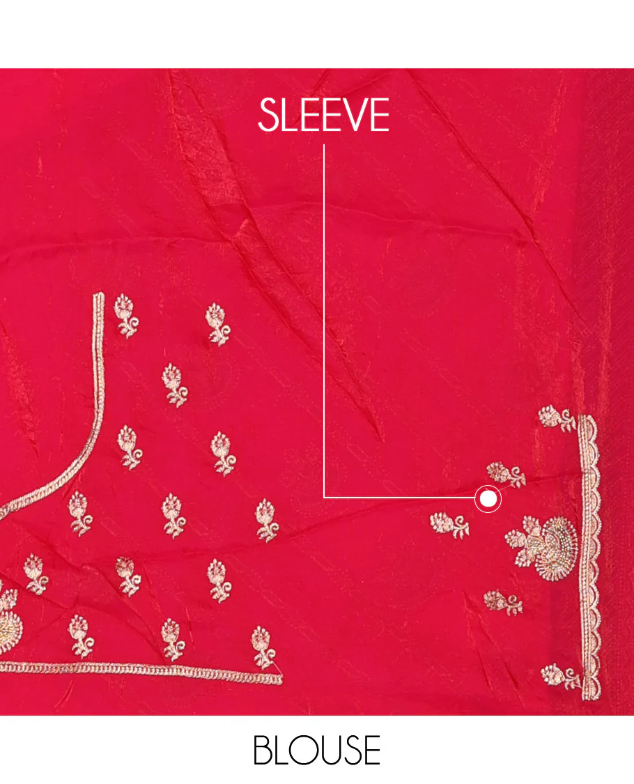 Dazzling red stone patch embroidered designer saree, self-scallop stone embroidered border - Image 4