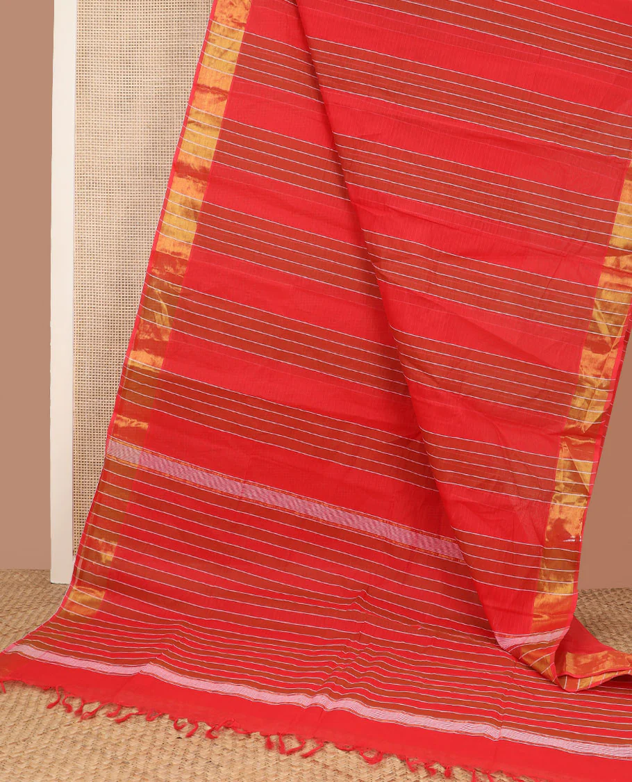 Dazzling red striped jute cotton saree, gleaming zari border & striped pallu