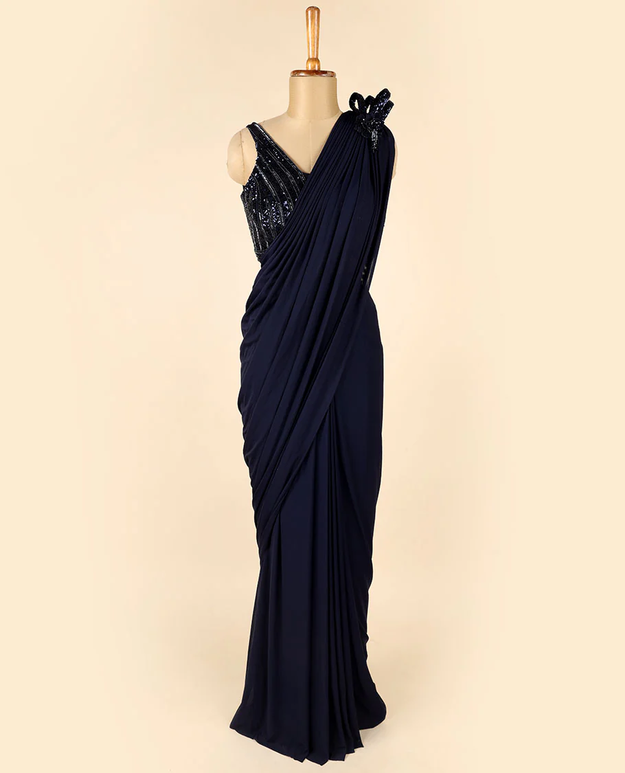Deep Blue Georgette Readymade Saree, stitched kardhana embroidery & sequined sleeveless blouse - Image 2
