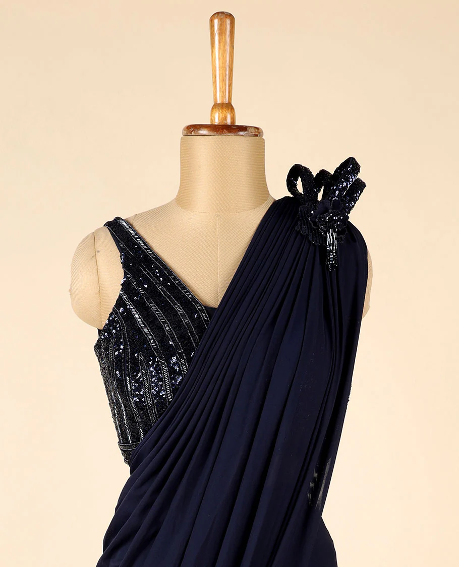 Deep Blue Georgette Readymade Saree, stitched kardhana embroidery & sequined sleeveless blouse - Image 3