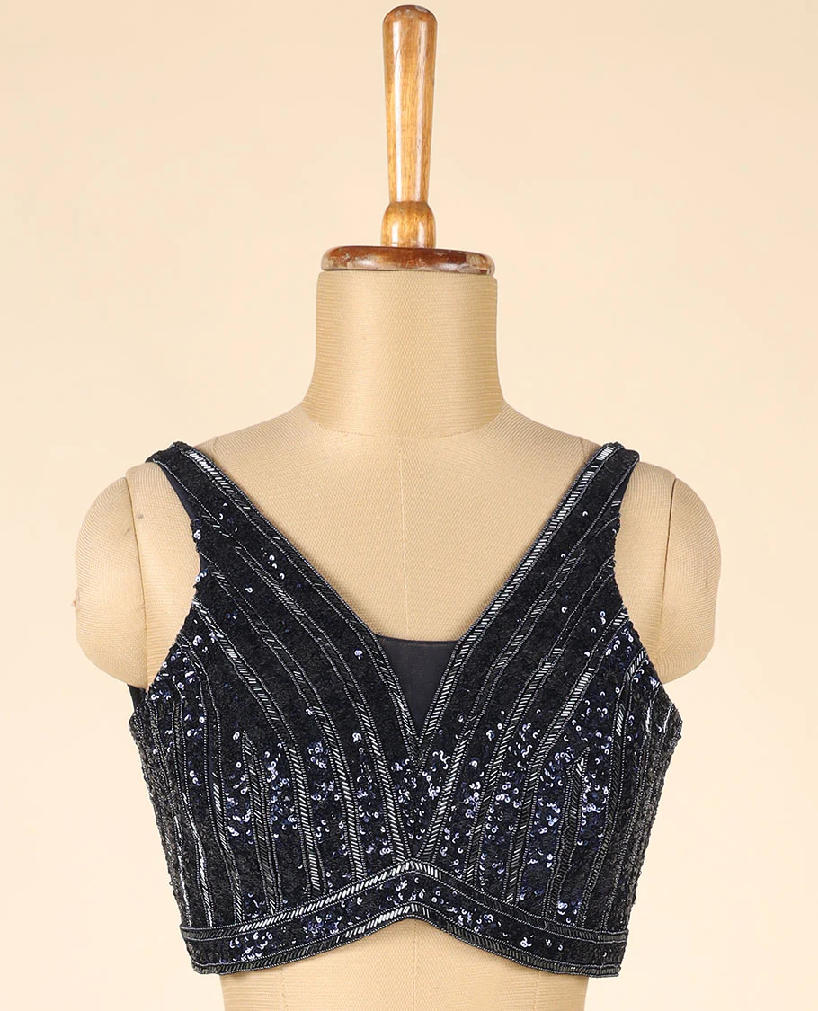 Deep Blue Georgette Readymade Saree, stitched kardhana embroidery & sequined sleeveless blouse - Image 4