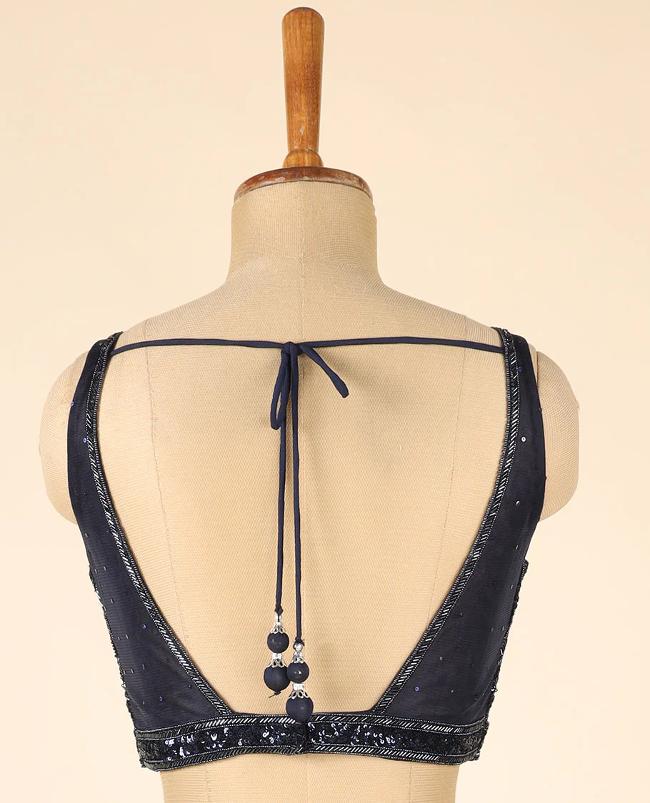 Deep Blue Georgette Readymade Saree, stitched kardhana embroidery & sequined sleeveless blouse - Image 5