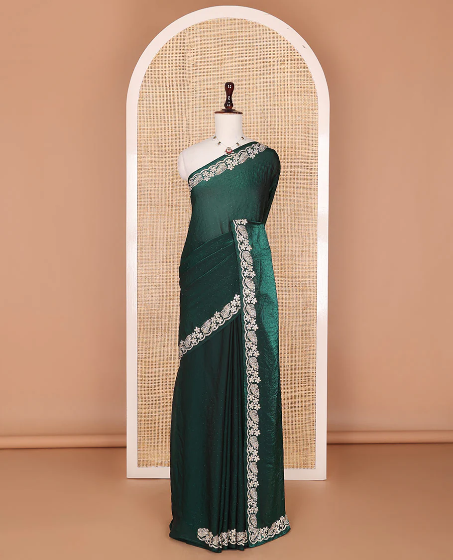 Deep forest green micro stone embedded designer saree, scallop Crystal stones border of floral and leaf motifs - Image 2