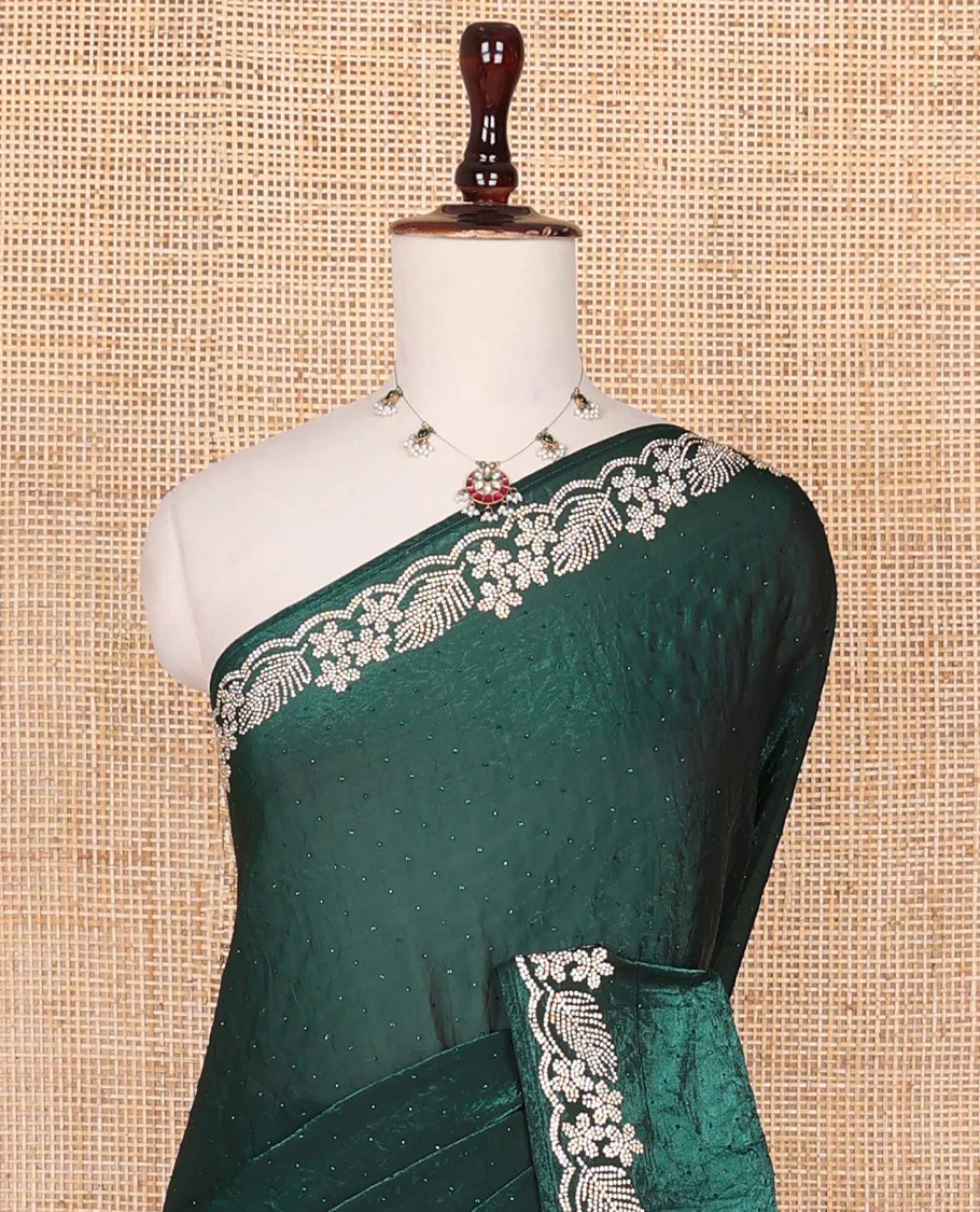 Deep forest green micro stone embedded designer saree, scallop Crystal stones border of floral and leaf motifs - Image 3