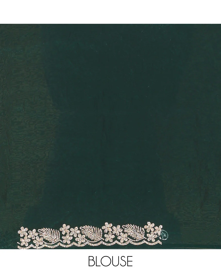 Deep forest green micro stone embedded designer saree, scallop Crystal stones border of floral and leaf motifs - Image 4