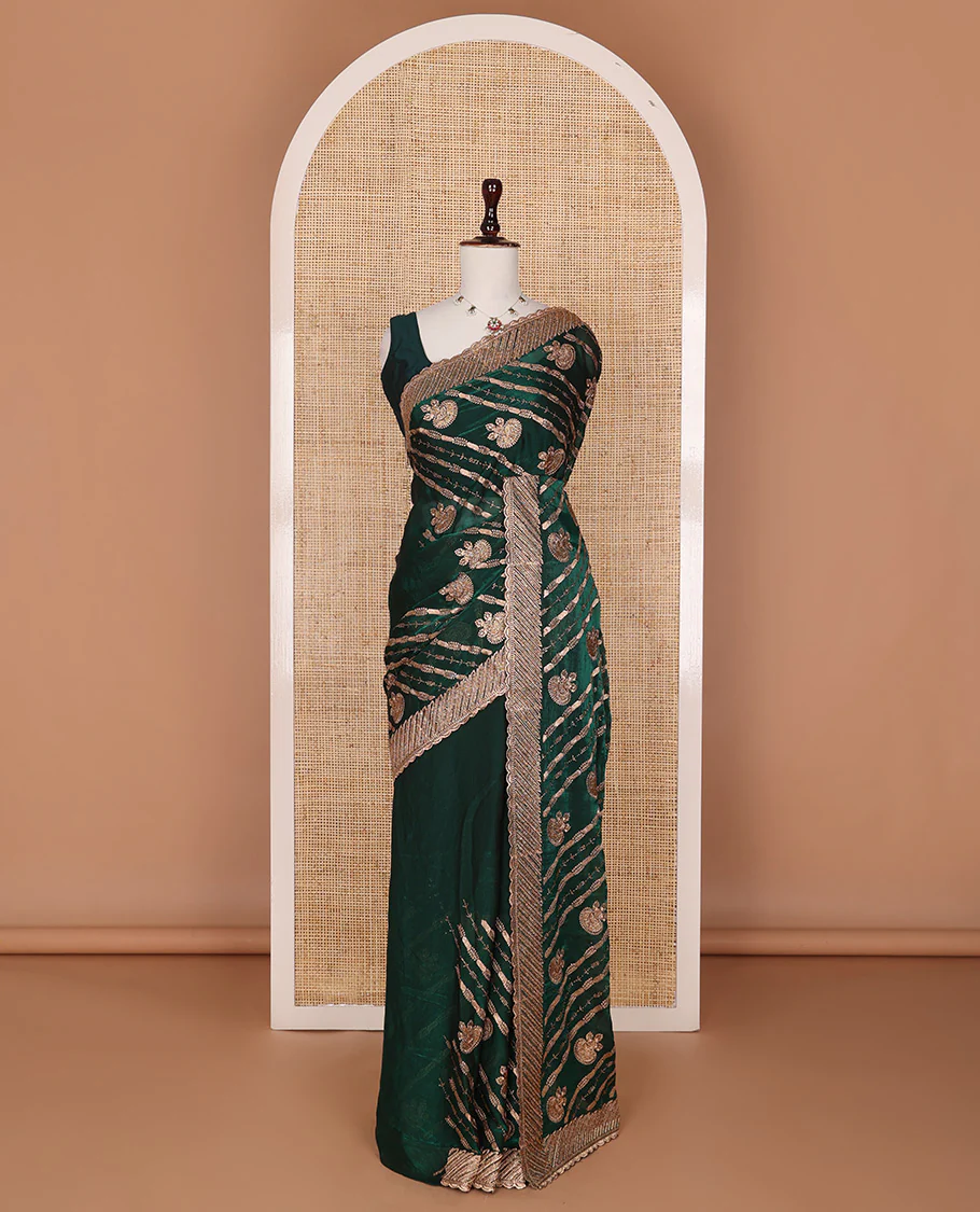 Deep forest green stone patch embroidered designer saree, self-scallop stone embroidered border - Image 2