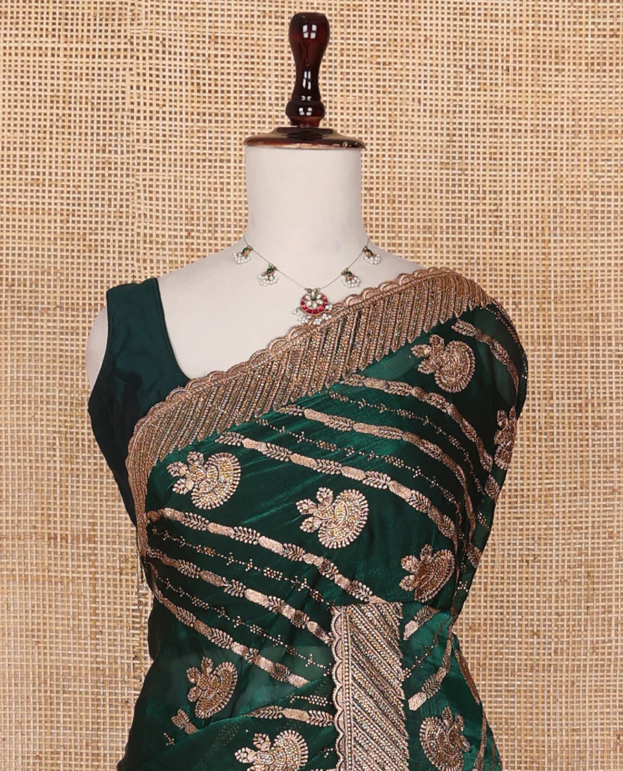 Deep forest green stone patch embroidered designer saree, self-scallop stone embroidered border - Image 3