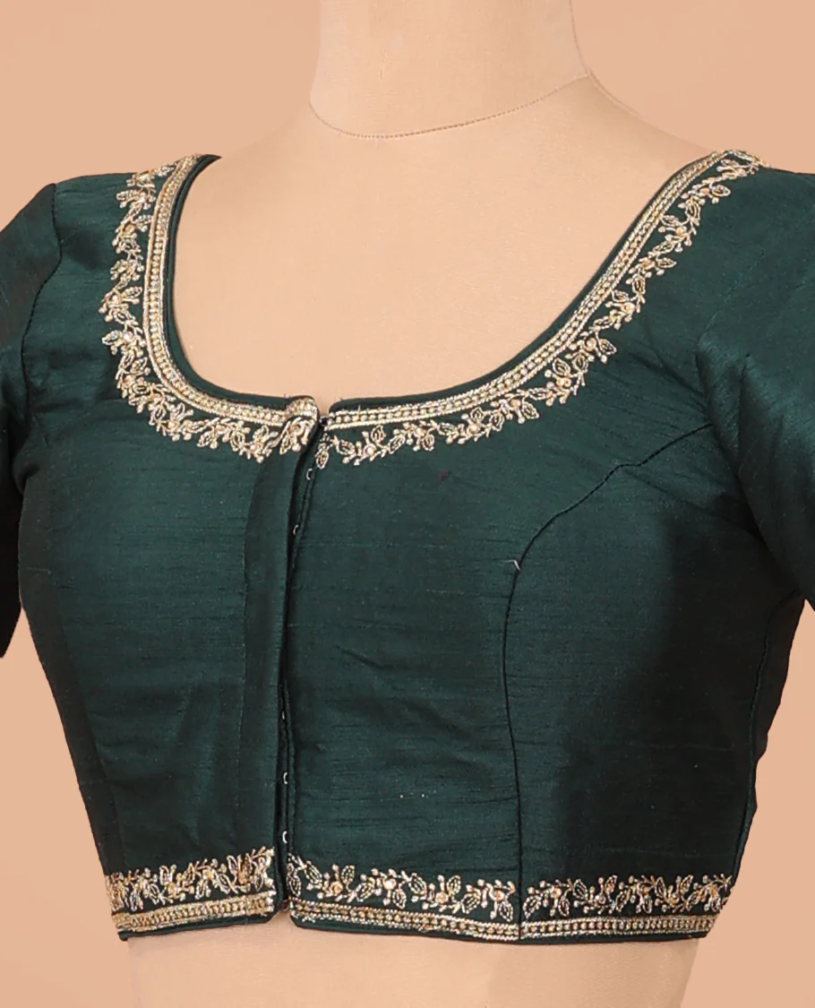 Deep green embroidered front-back round neck elbow sleeve blouse - Image 2