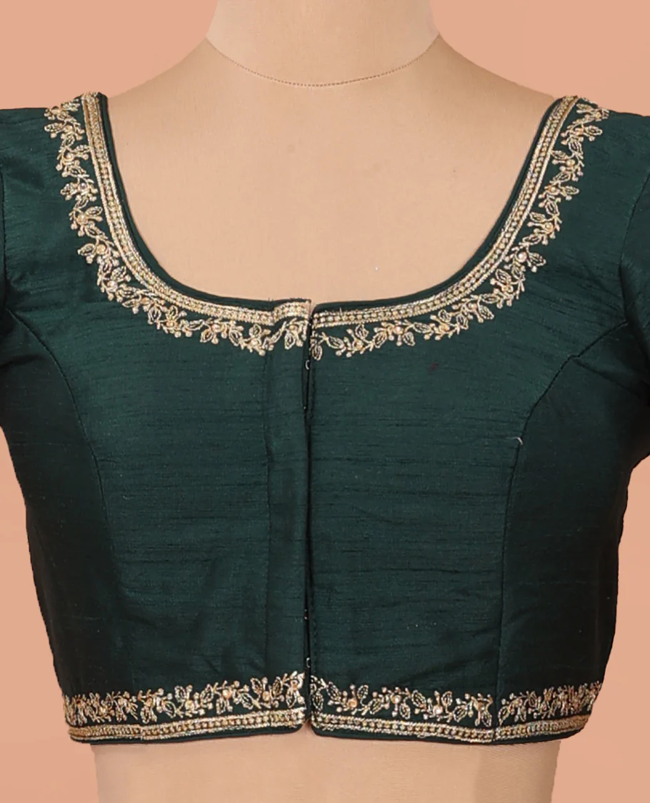 Deep green embroidered front-back round neck elbow sleeve blouse - Image 3