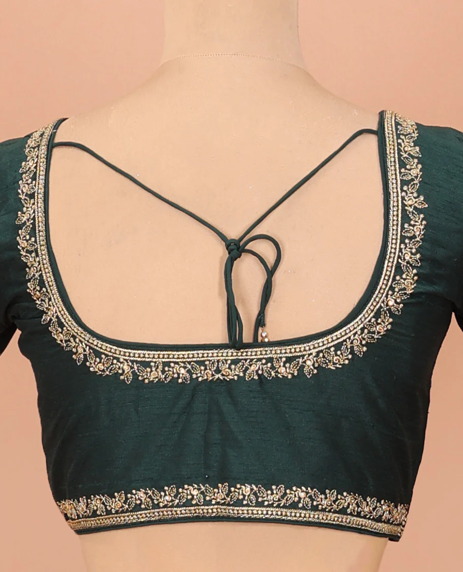 Deep green embroidered front-back round neck elbow sleeve blouse - Image 4