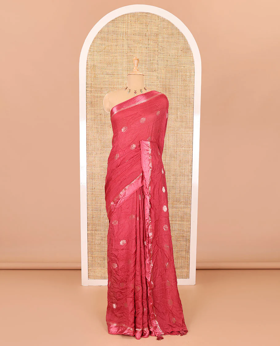 Dusky pink floral zari buttas viscose khadi silk saree, traditional zari satin border, floral zari buttas woven pallu, and a matching zari design blouse - Image 2