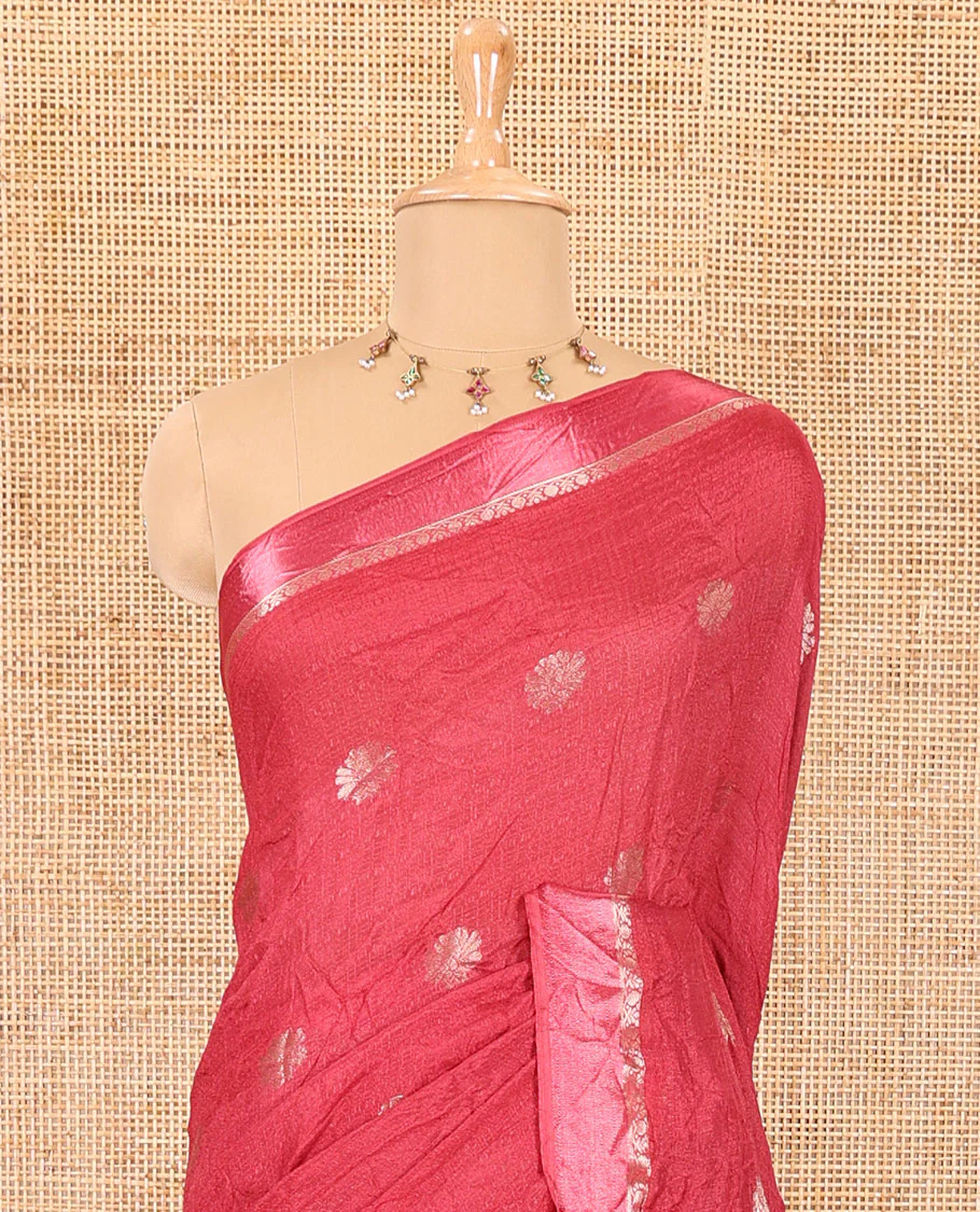 Dusky pink floral zari buttas viscose khadi silk saree, traditional zari satin border, floral zari buttas woven pallu, and a matching zari design blouse - Image 3