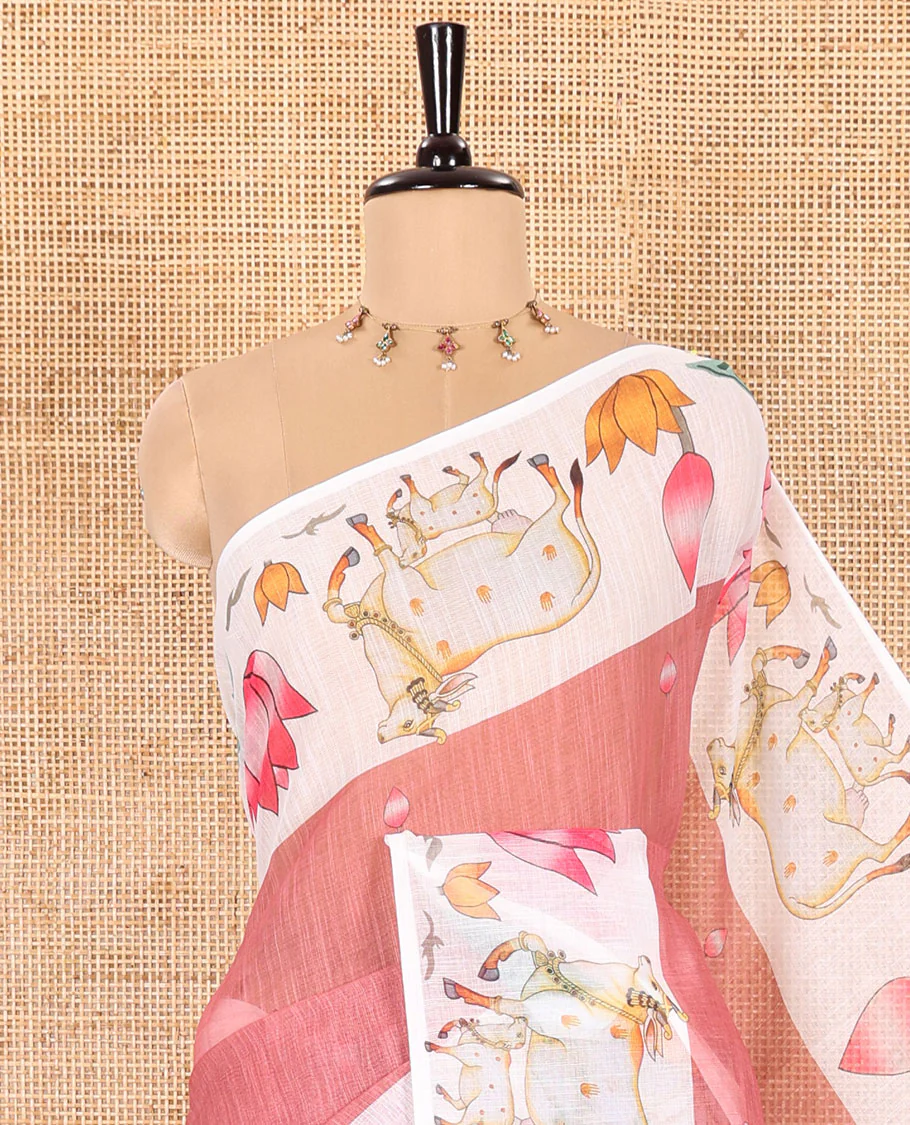 Dusky Pink Linen Cotton Saree Decked Up with Lotus Buds Buttas, Complemented by a Contrast Border of Pichwai Cow and Lotus Motif Prints, a Pallu Mirroring the Same Print, and Paired with a Lotus-Printed Blouse - Image 2