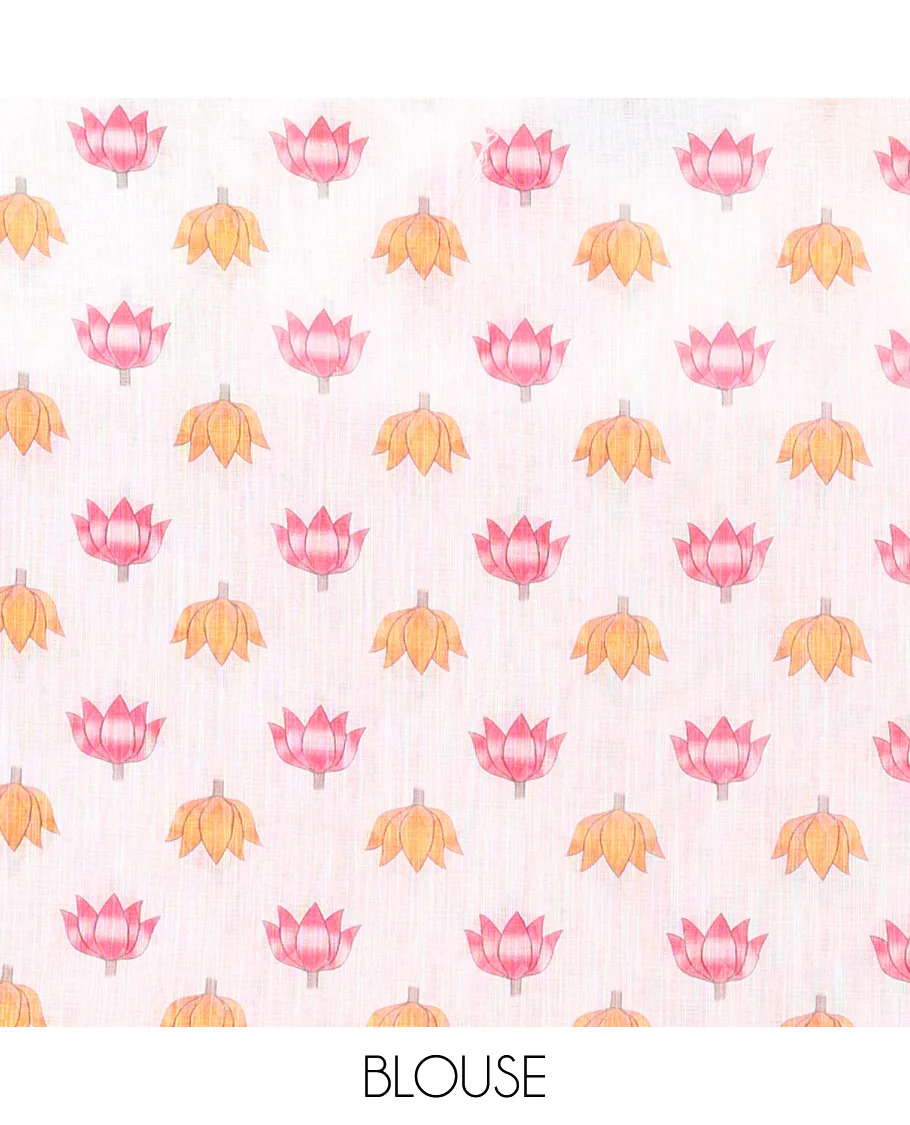 Dusky Pink Linen Cotton Saree Decked Up with Lotus Buds Buttas, Complemented by a Contrast Border of Pichwai Cow and Lotus Motif Prints, a Pallu Mirroring the Same Print, and Paired with a Lotus-Printed Blouse - Image 3
