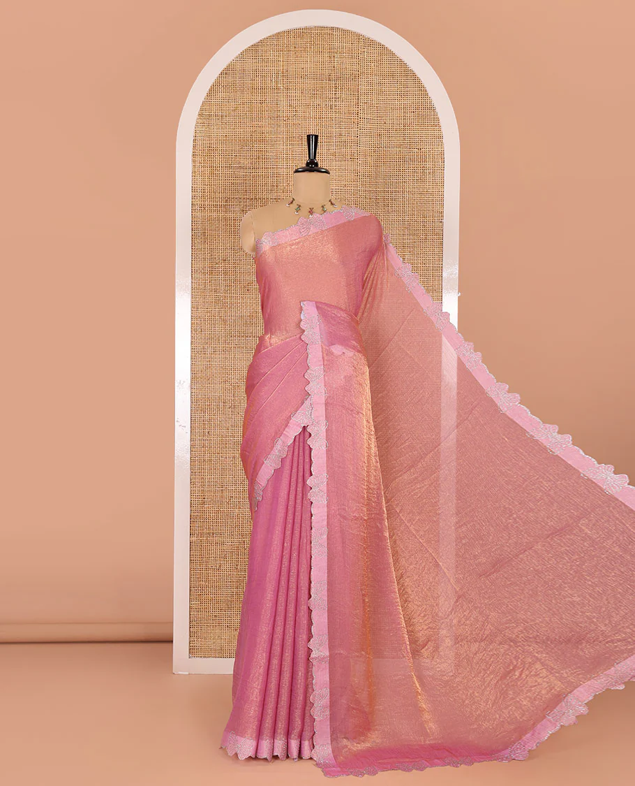 Dusty pink plain fendy chiffon saree, scallop border of butterfly motifs in stone work, self-pallu, and a matching blouse
