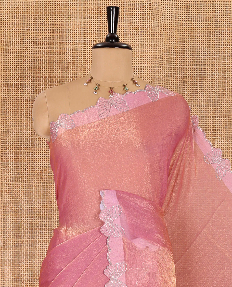 Dusty pink plain fendy chiffon saree, scallop border of butterfly motifs in stone work, self-pallu, and a matching blouse - Image 2