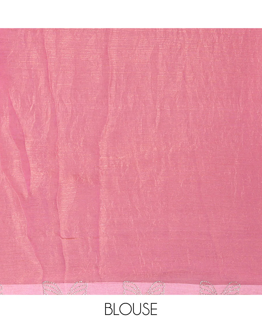 Dusty pink plain fendy chiffon saree, scallop border of butterfly motifs in stone work, self-pallu, and a matching blouse - Image 3