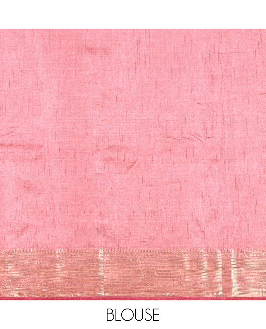 Dusty rose pink lotus-leaf style printed semi-tussar saree, traditional zari border, zari striped pallu, and a matching blouse - Image 3