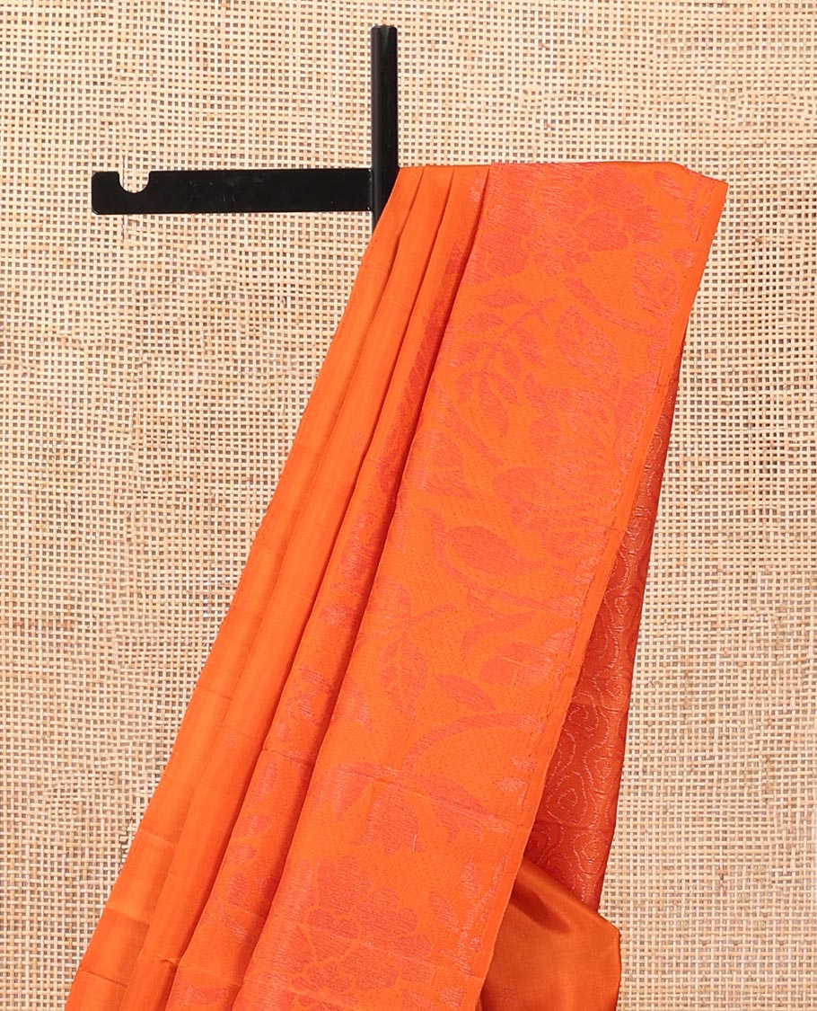 Borderless fanta orange sparsely woven floral design Mayuri soft silk saree, geometric patterned pallu - Image 4