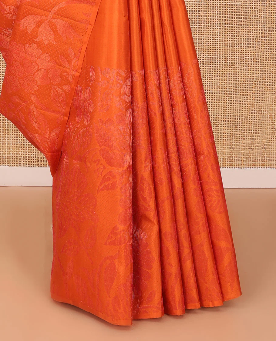 Borderless fanta orange sparsely woven floral design Mayuri soft silk saree, geometric patterned pallu - Image 5