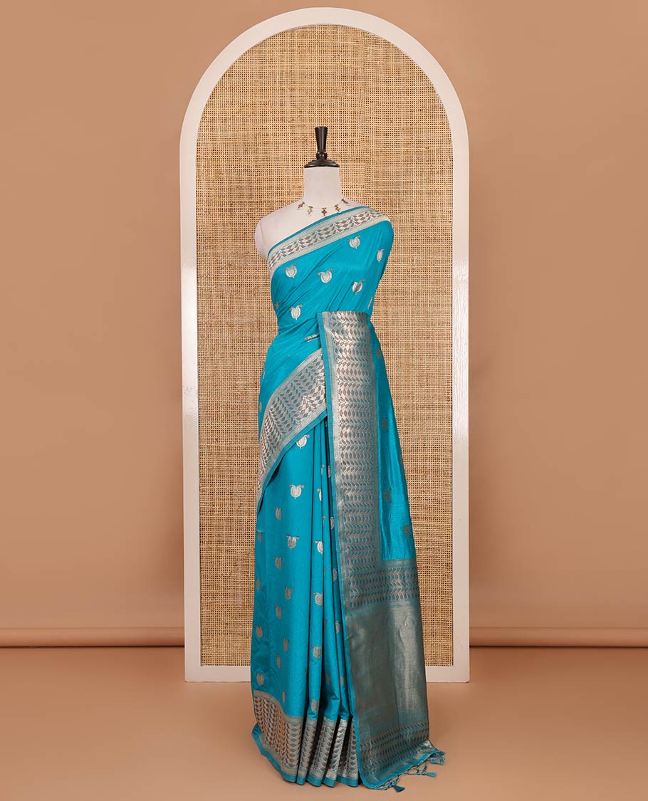 Blue leaf zari buttas dola silk saree, geometric patterned zari border, pallu of geometric pattern & diagonal stripes & plain blouse - Image 2