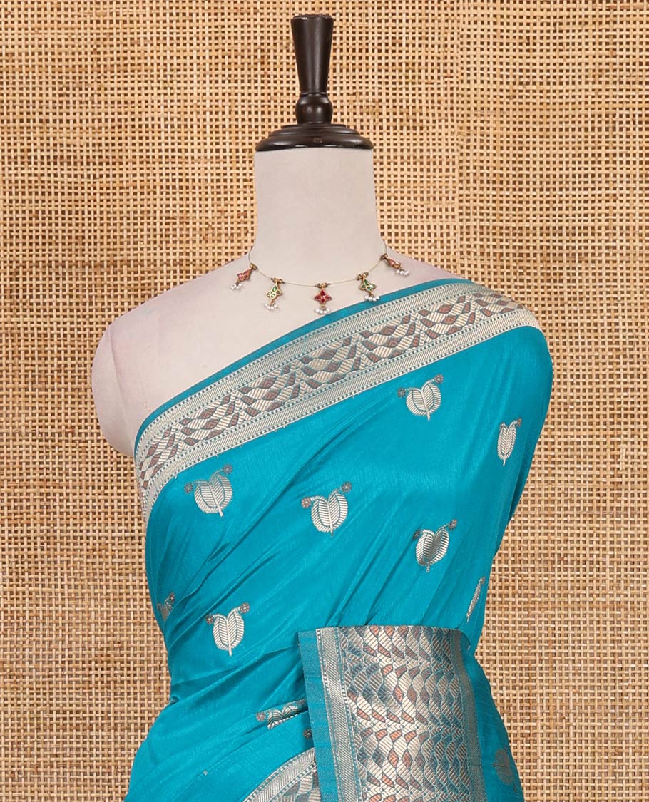 Blue leaf zari buttas dola silk saree, geometric patterned zari border, pallu of geometric pattern & diagonal stripes & plain blouse - Image 3