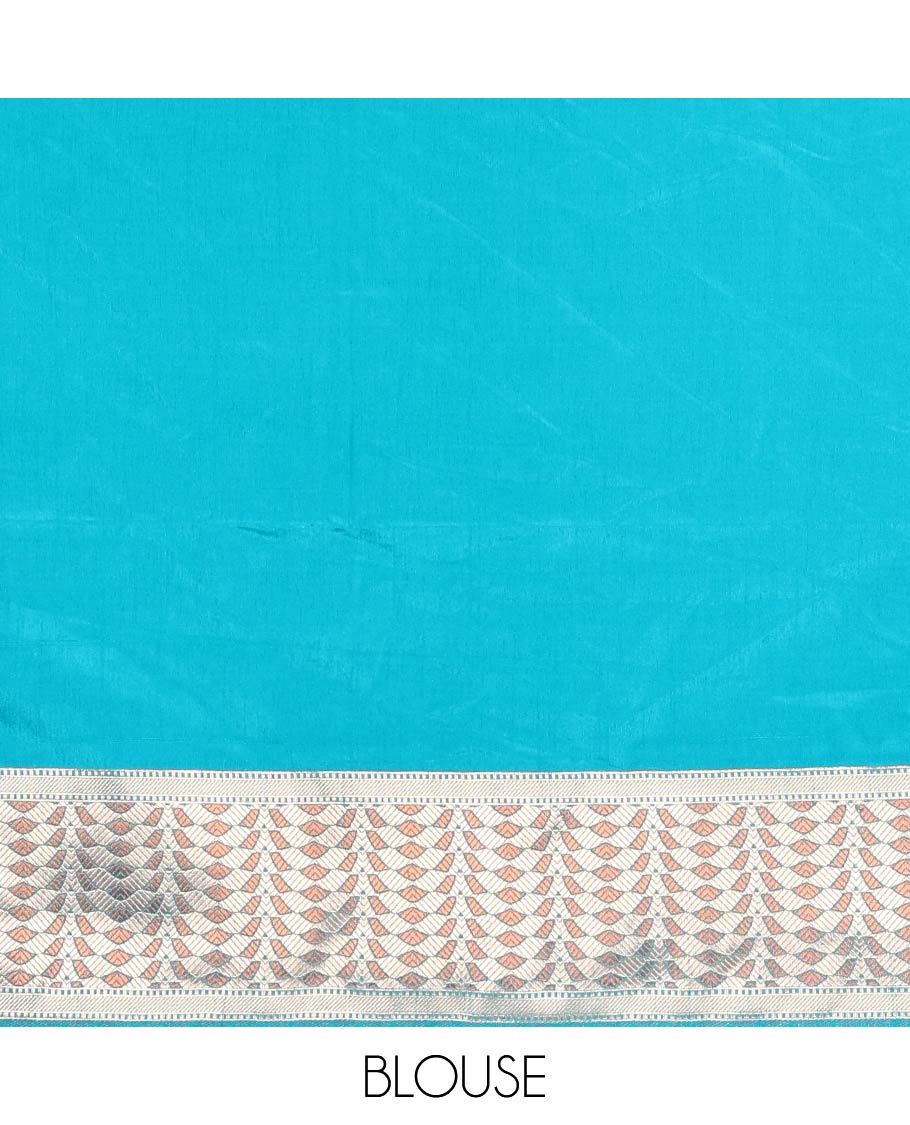 Blue leaf zari buttas dola silk saree, geometric patterned zari border, pallu of geometric pattern & diagonal stripes & plain blouse - Image 4