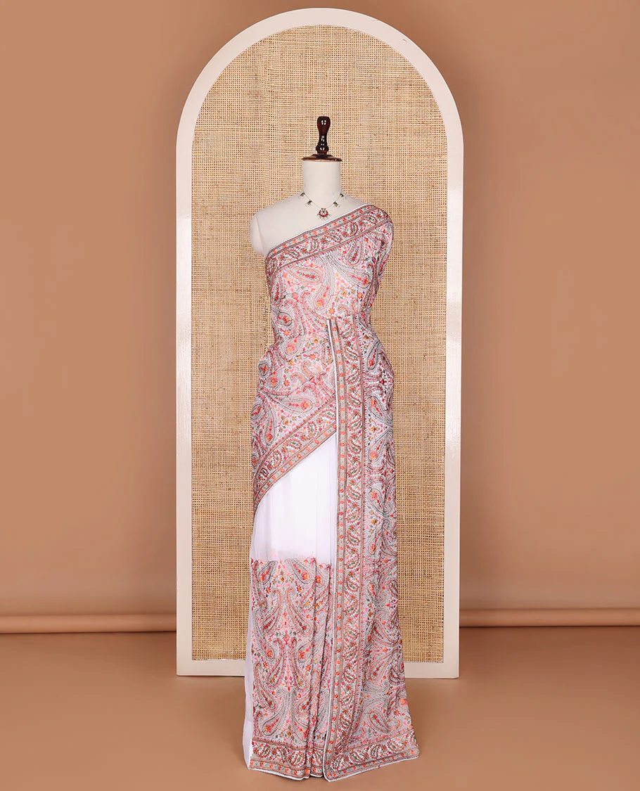Elegant white floral and paisley vine multi-hue thread embroidered designer saree, thread embroidered border - Image 2