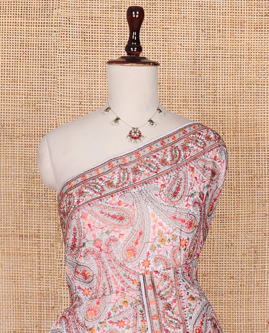 Elegant white floral and paisley vine multi-hue thread embroidered designer saree, thread embroidered border - Image 3