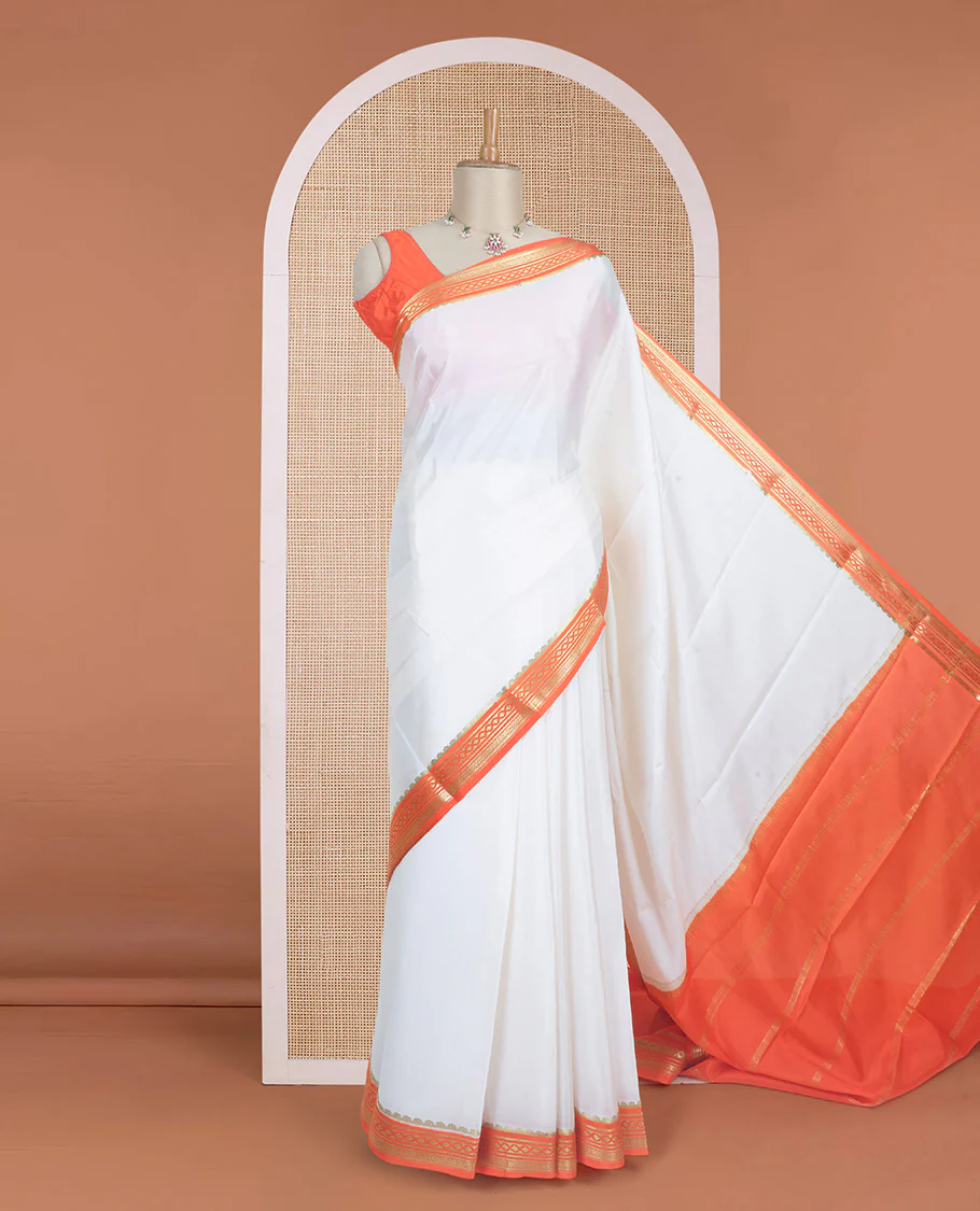 Entralling cream plain Mysore silk saree with contrast geometric zari design borders and pallu of zari seer lines - Image 2
