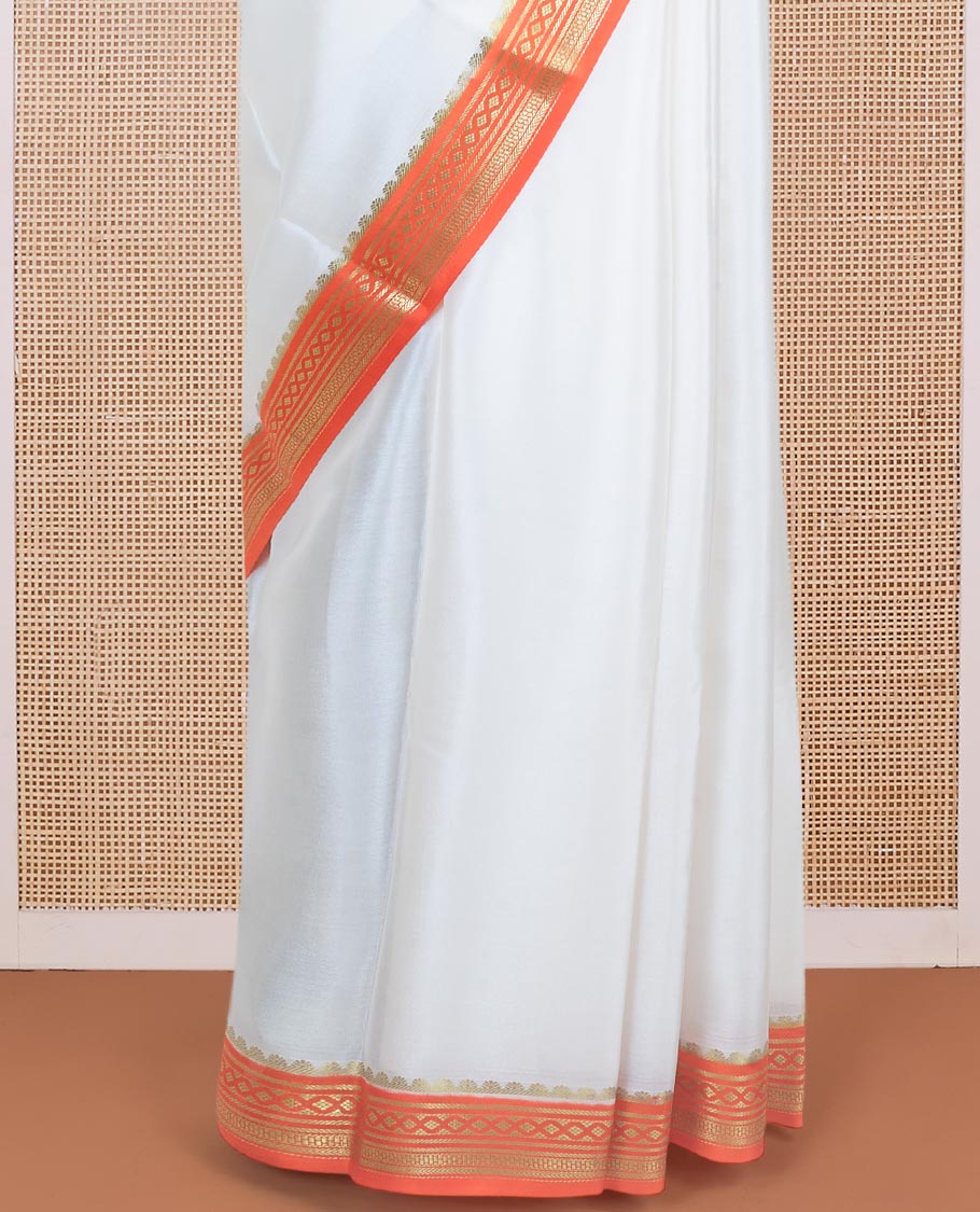 Entralling cream plain Mysore silk saree with contrast geometric zari design borders and pallu of zari seer lines - Image 4
