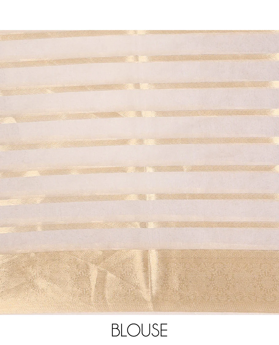 Entralling White Semi-Organza Saree Embellished with Zari Designs, Subtly Sparked with Traditional Zari Design Border, Zari-Striped Pallu, and Paired with a Matching Zari Design Blouse - Image 3