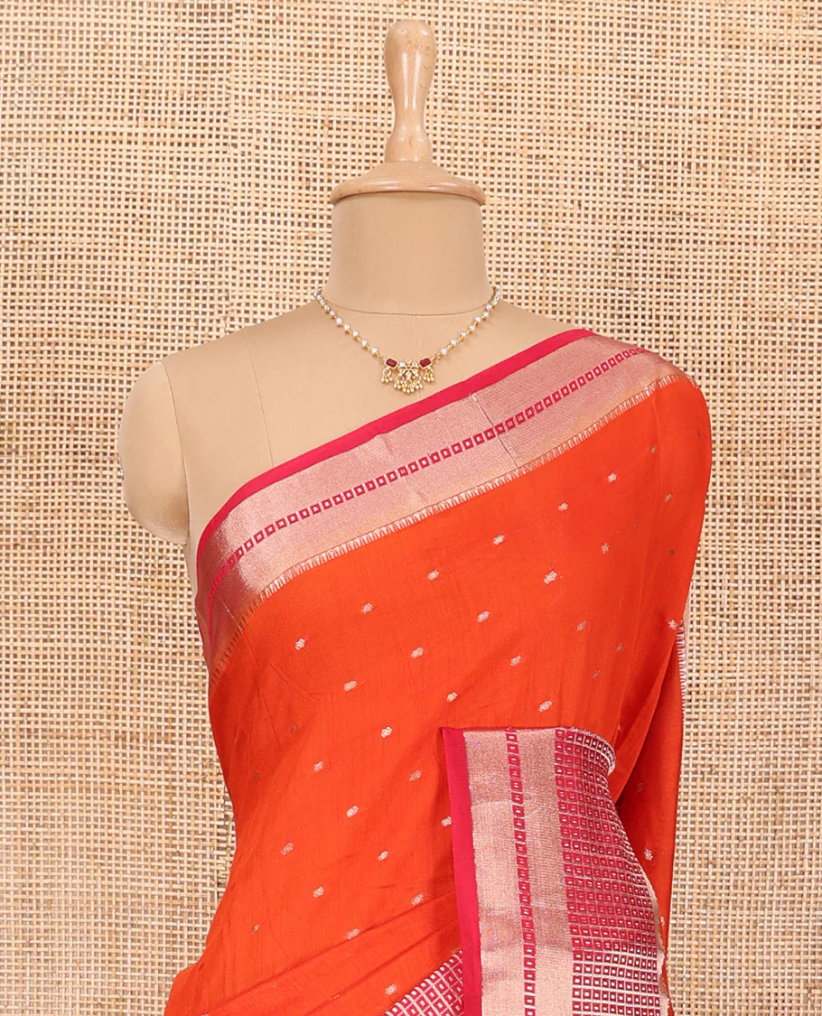 Fanta Orange Assam Silk Saree Adorned with All-Over Buttas, Featuring a Contrast Temple Border of Butta Enclosed Checked Design, a Pallu Steeped with Zari Stripes, and Paired with a Contrast Zari Design Blouse - Image 3