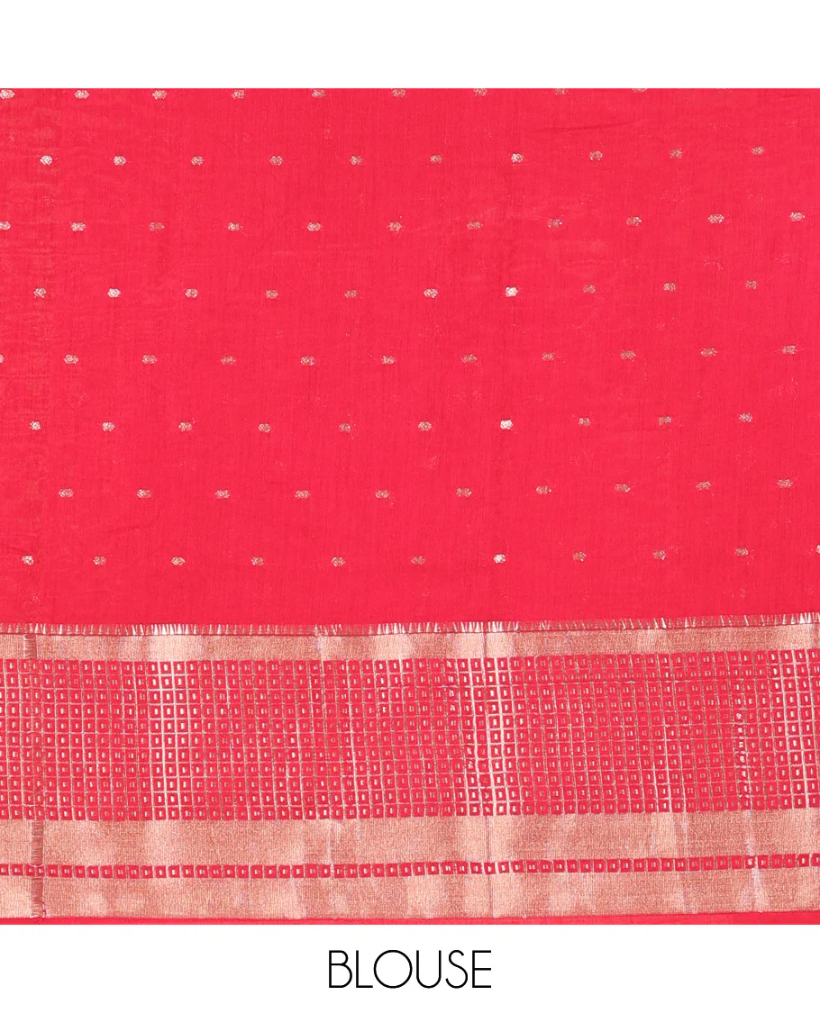 Fanta Orange Assam Silk Saree Adorned with All-Over Buttas, Featuring a Contrast Temple Border of Butta Enclosed Checked Design, a Pallu Steeped with Zari Stripes, and Paired with a Contrast Zari Design Blouse - Image 4
