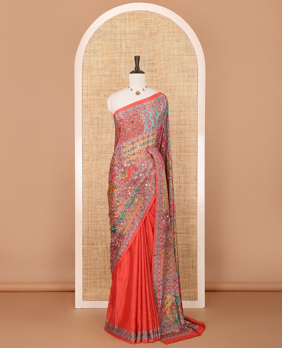 Fanta orange half-&-half colorful geometric printed & mirror work masakali saree, printed border & pallu, plain blouse - Image 3