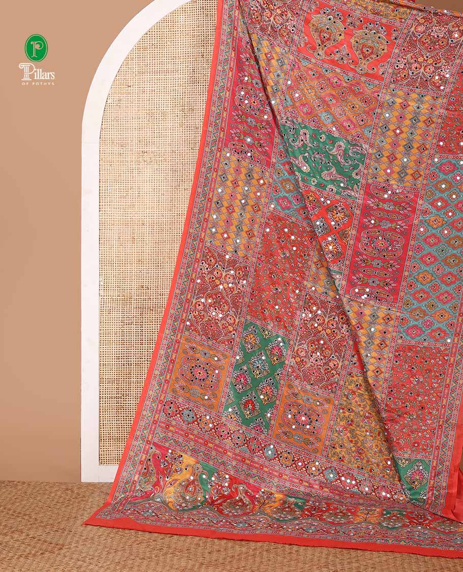 Fanta orange half-&-half colorful geometric printed & mirror work masakali saree, printed border & pallu, plain blouse - Image 4