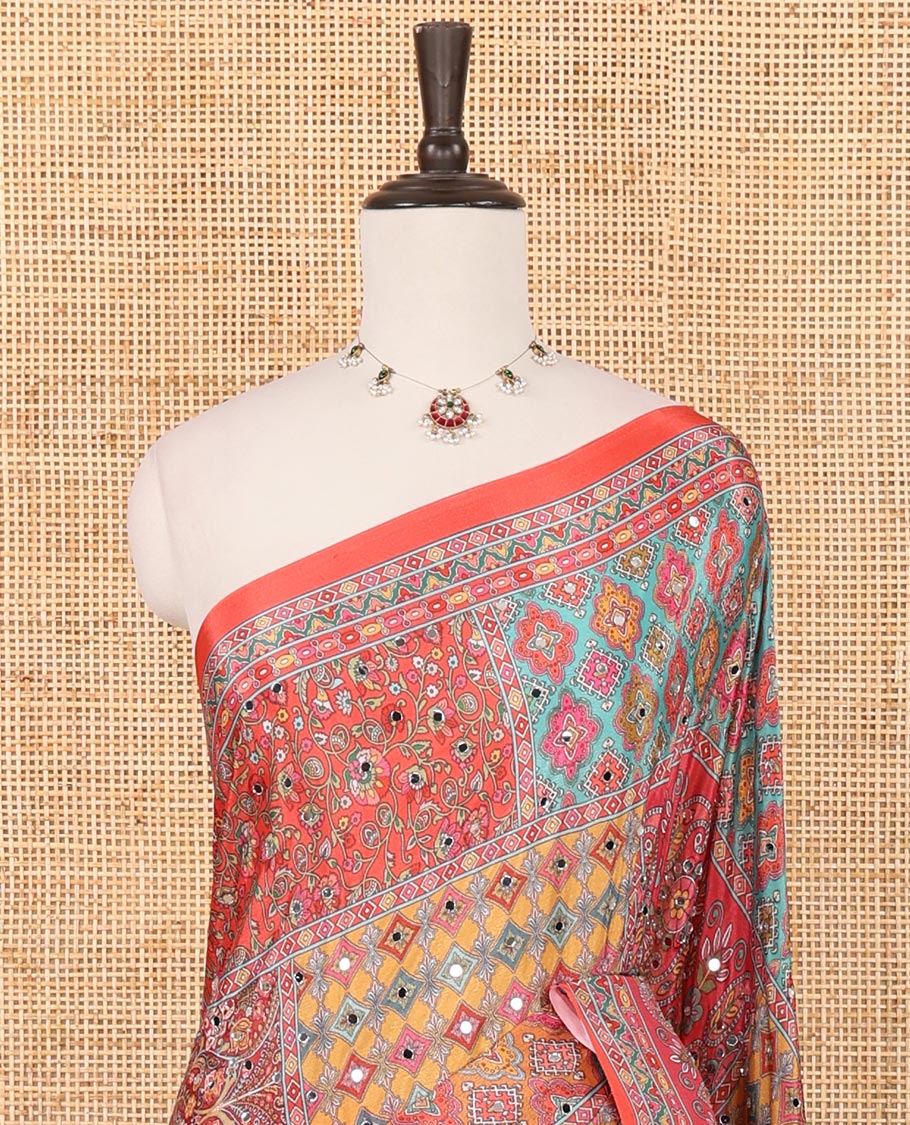 Fanta orange half-&-half colorful geometric printed & mirror work masakali saree, printed border & pallu, plain blouse - Image 5